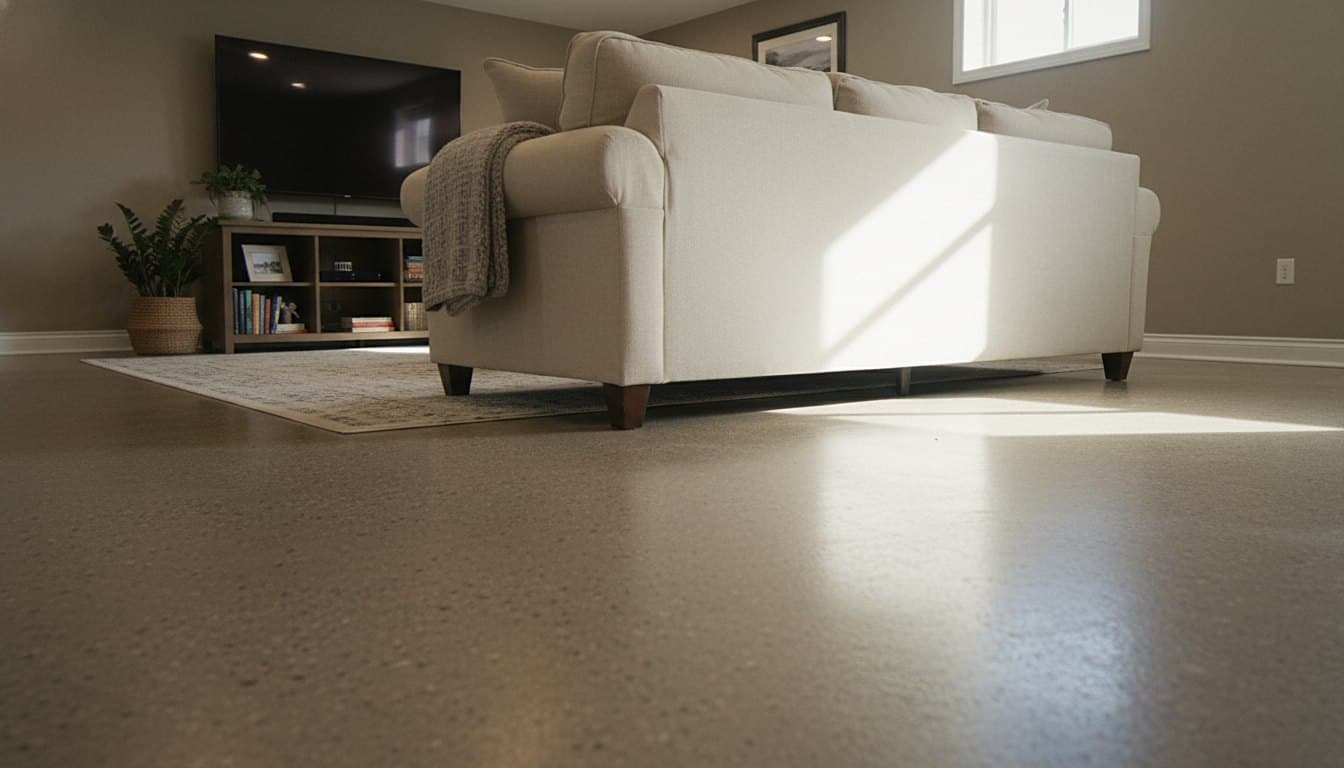 Warm grey flake epoxy floor in a finished basement.