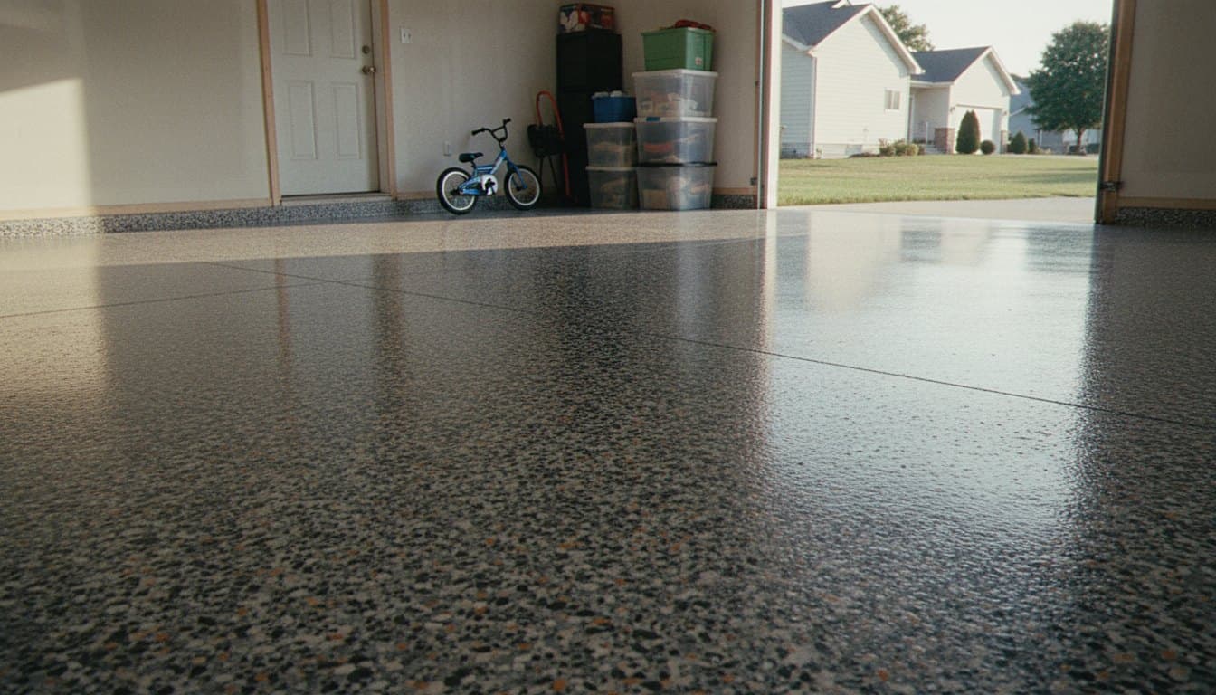 Dense charcoal, cream and copper flake epoxy garage floor.