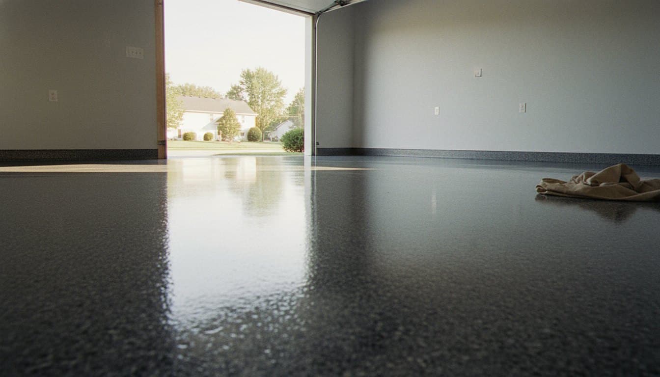 Garage floor freshly recoated with glossy charcoal flake epoxy.