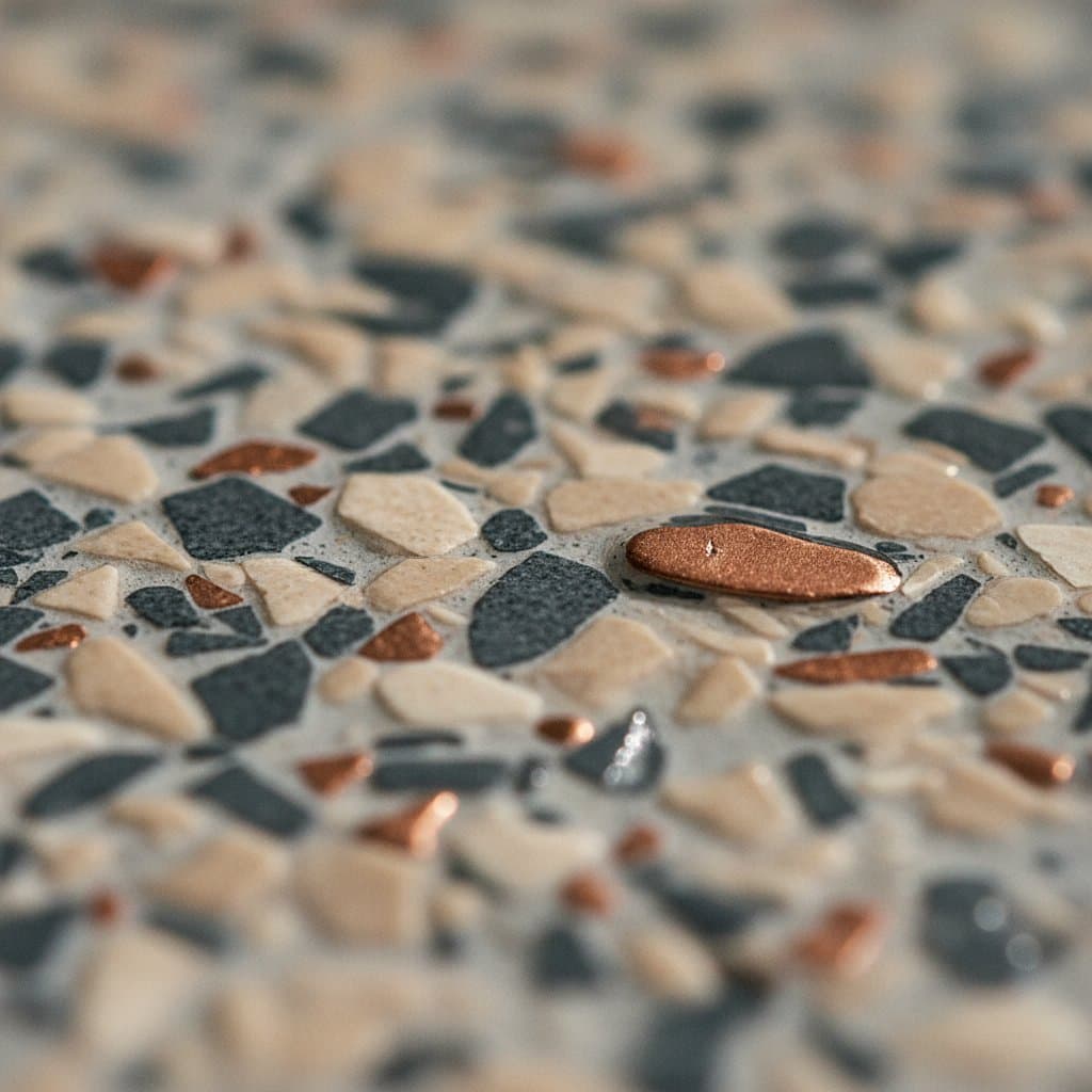 Macro of charcoal, cream and copper flake under clear topcoat.