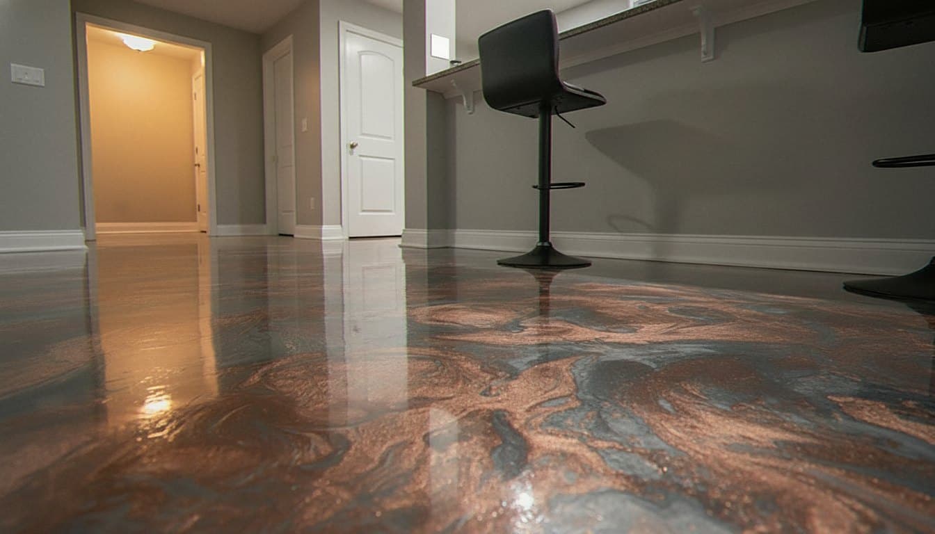 Swirled copper and slate metallic epoxy floor in basement bar.