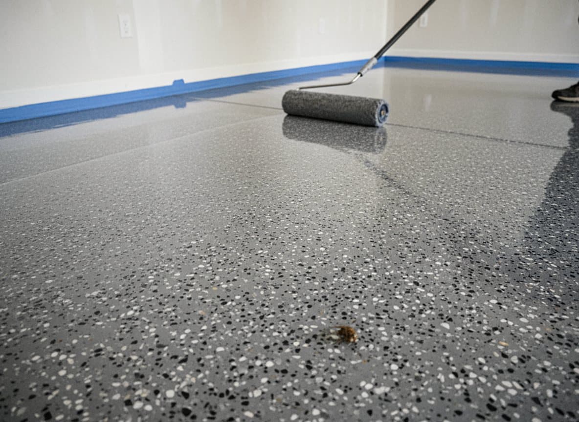 Crew rolling clear polyaspartic over a set charcoal flake floor.
